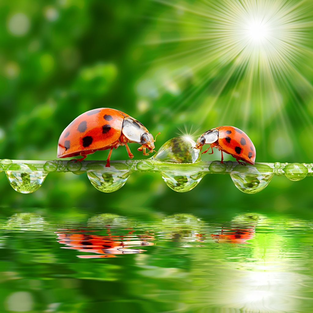 Wallpaper Rays Of Light Ladybird Two Drops Water Animals