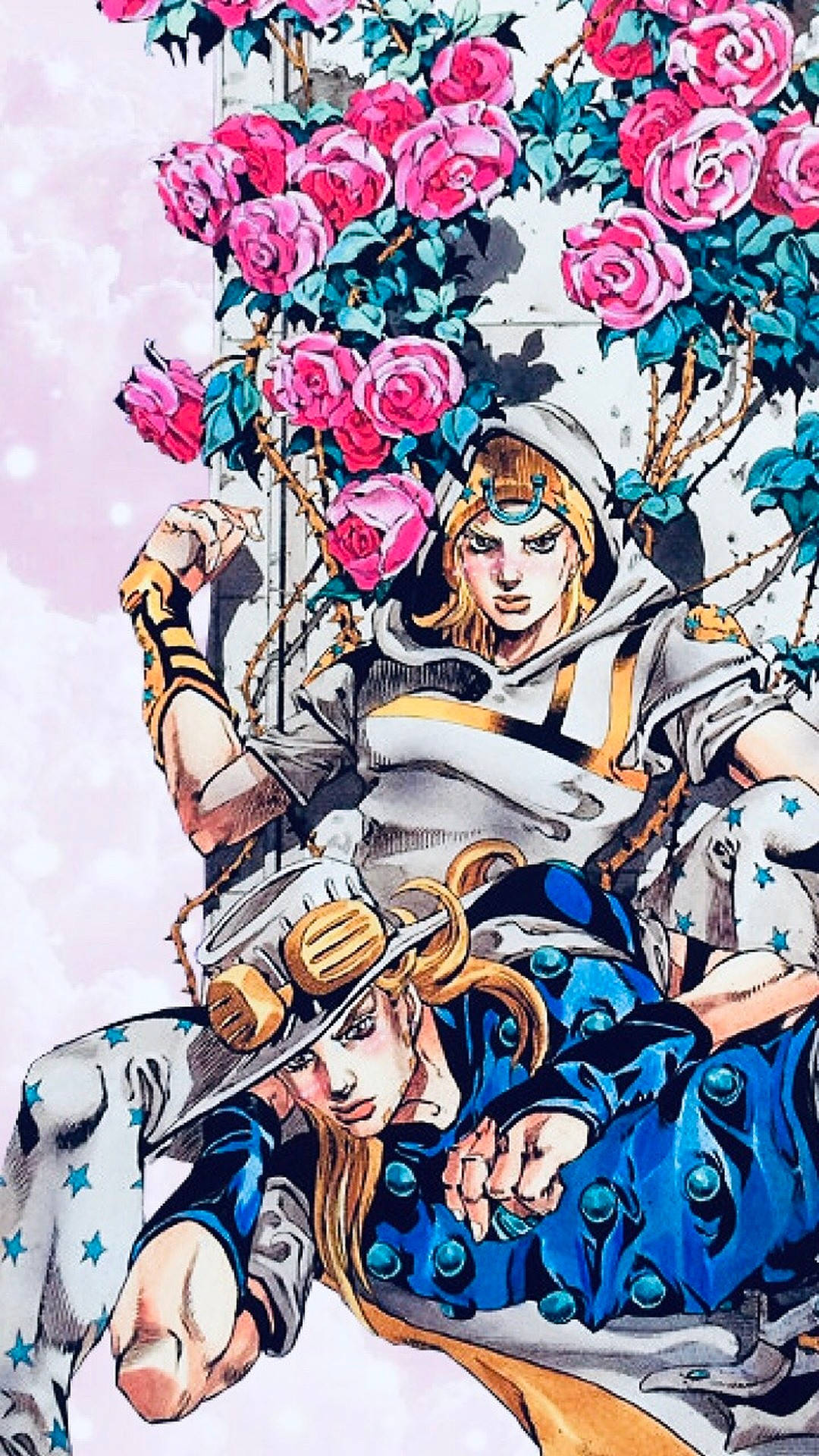 Dynamic illustration of Gyro Zeppeli from JoJo's Bizarre Adventure, posing against a backdrop of vibrant roses