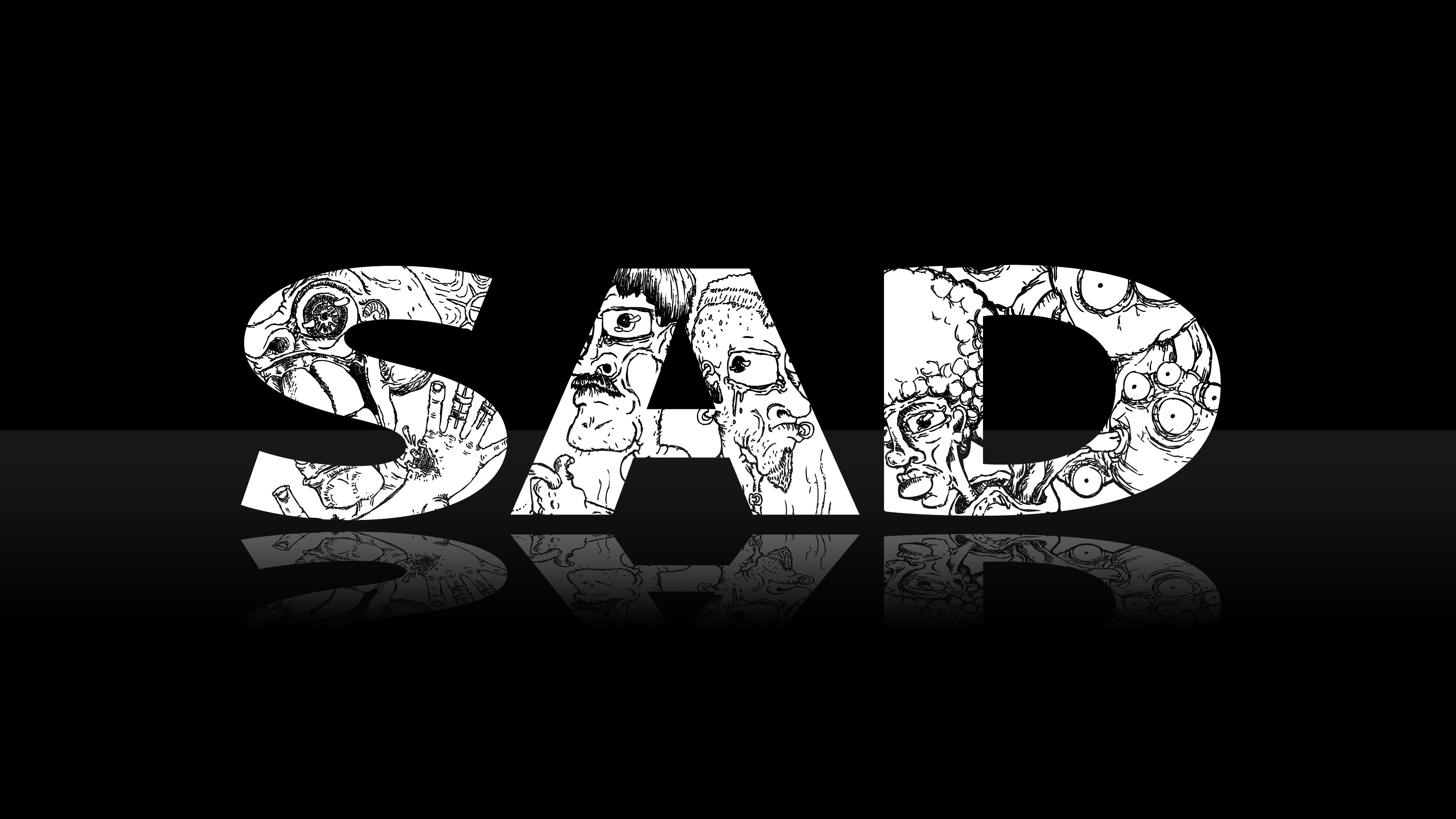 A striking black and white image spells out 'SAD' using distorted and grotesque faces, evoking feelings of sadness and despair