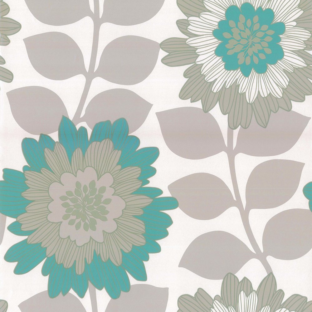 Designer Selection Oriental Bold Floral Wallpaper Metallic Teal