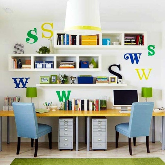 Home Office Decorating Ideas With Wall Cubes And Shelf Alphabets