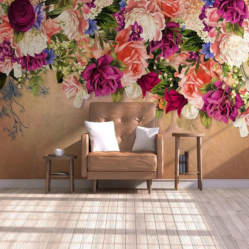 Custom Wallpaper Mural Retro Style Rose Flowers Floral Wall Bvm Home