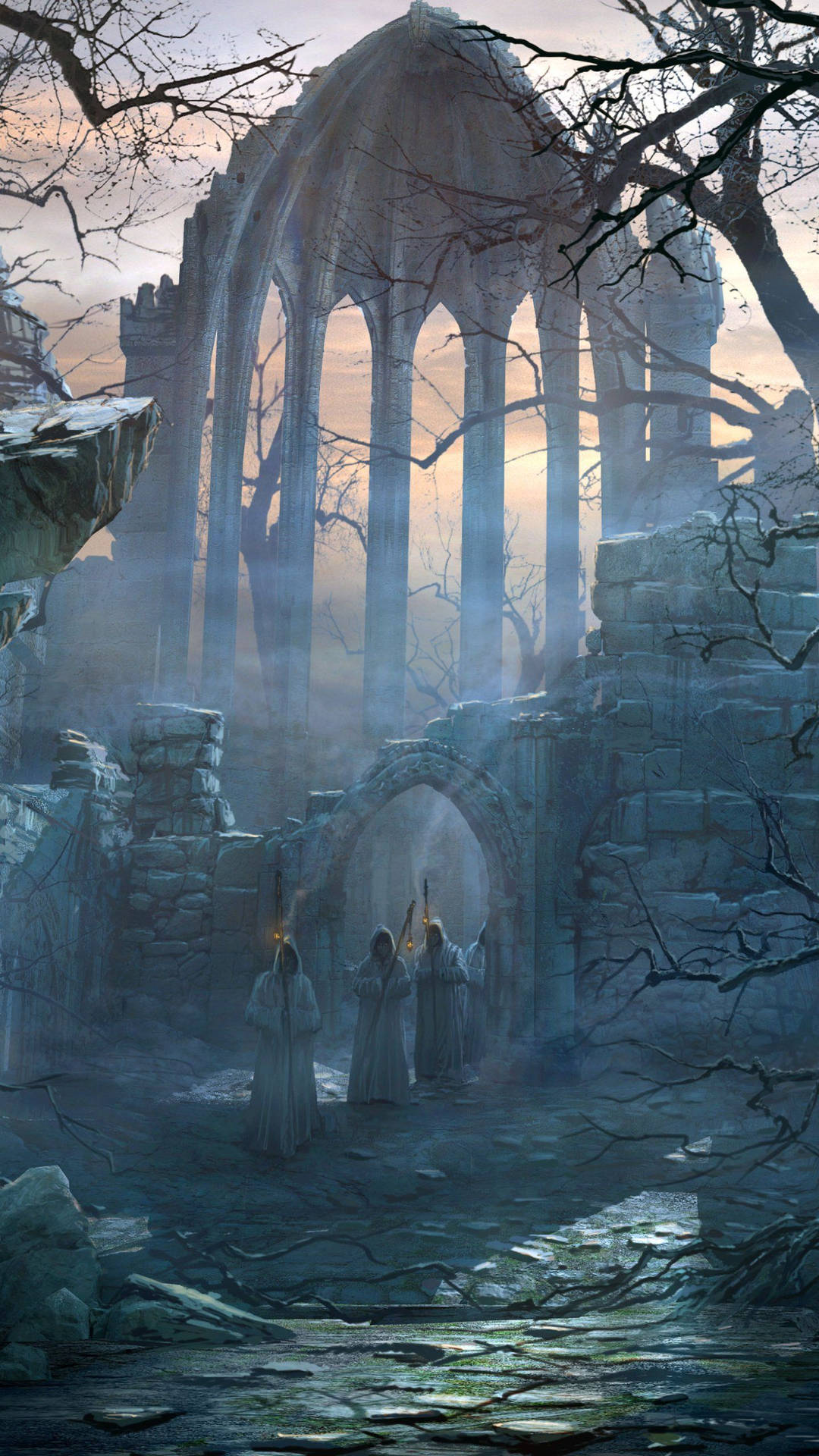 A Fantasy Scene With Castle And Group Of People Wallpaper