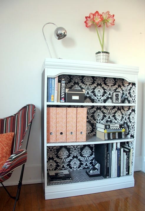 Shelves With Wallpaper Refinishing Furniture