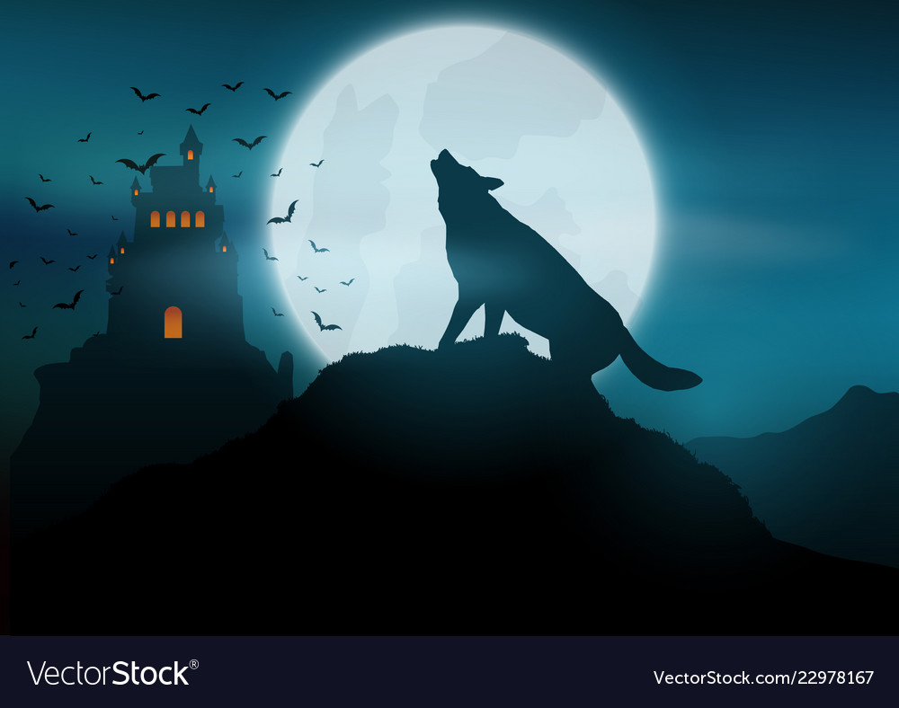 Halloween Background With Wolf Howling At The Moon