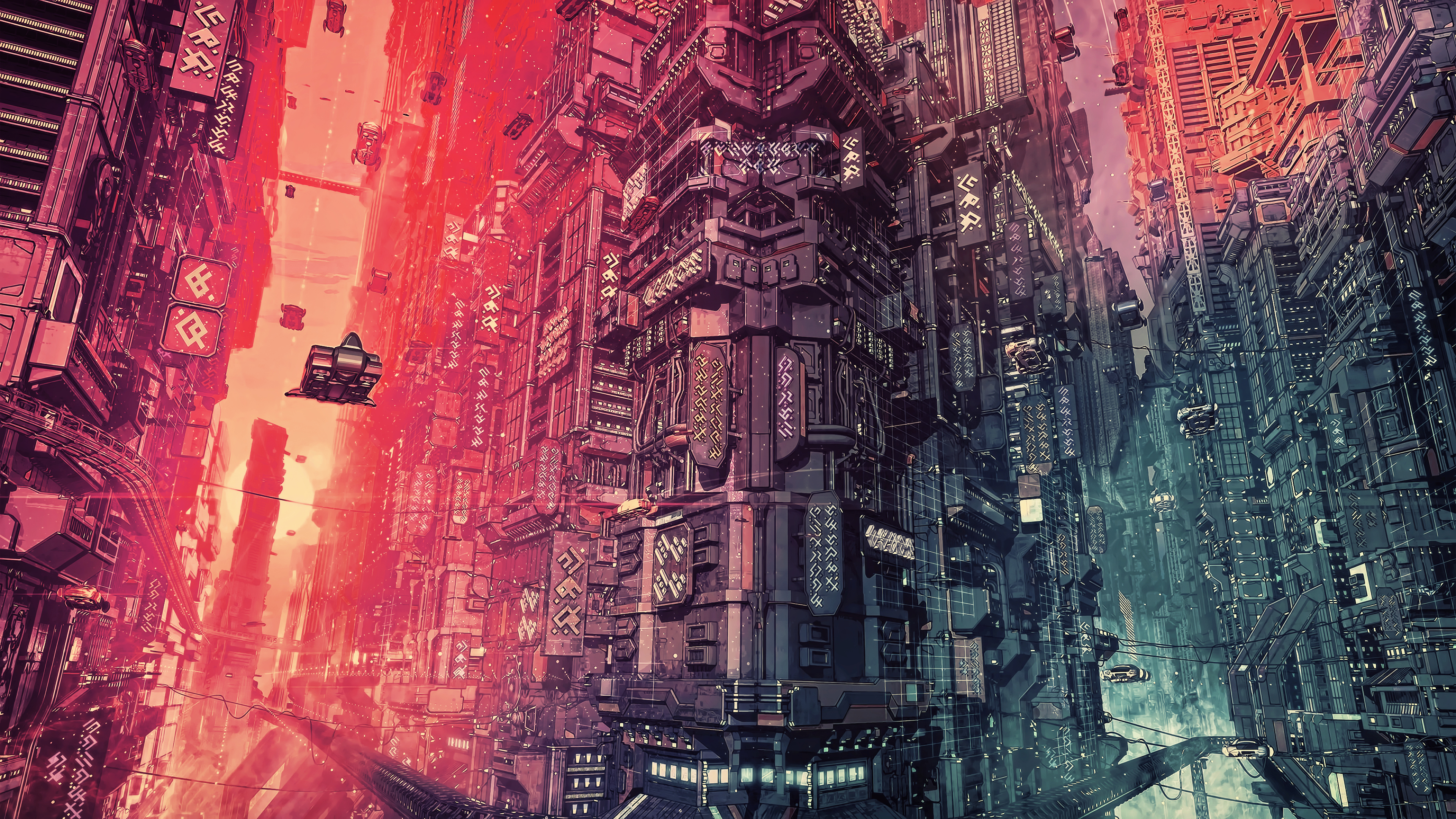 A stunning 4k artwork depicting a futuristic cityscape with towering skyscrapers, flying vehicles, and vibrant neon lights. The detailed cyberpunk art showcases intricate architecture and a dynamic urban atmosphere