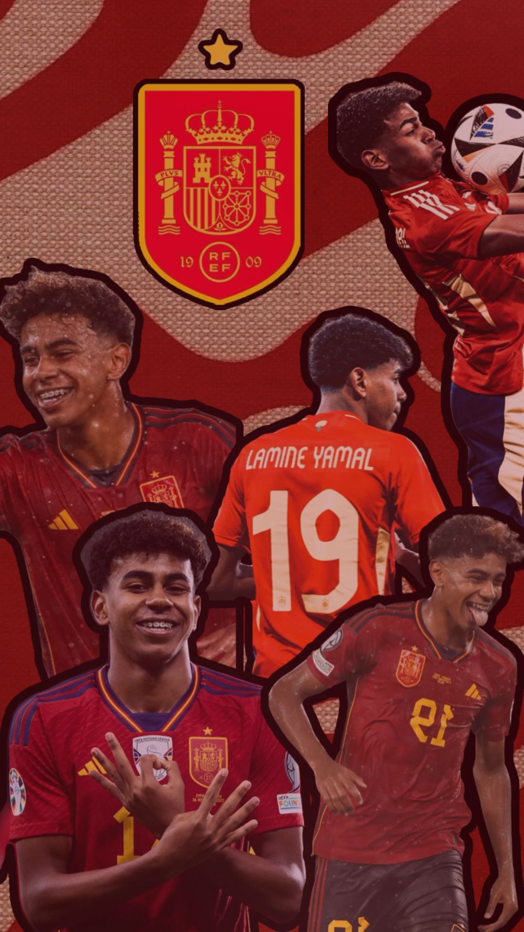 A collage of Lamine Yamal in the Spain National Team Kit, showcasing his jersey number 19 and a photo of him holding a soccer ball