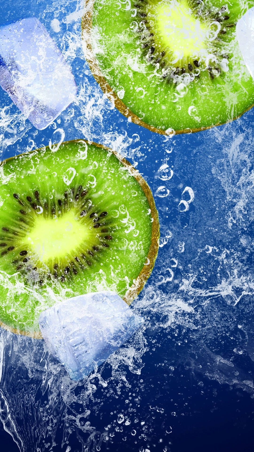 Two slices of kiwi splashing in water with ice cubes, creating a refreshing and vibrant image