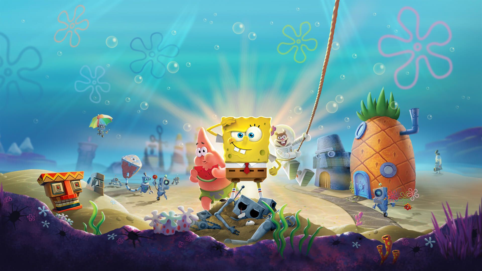 Promotional image for a Spongebob Squarepants video game, featuring Spongebob, Patrick, Sandy, robots, and the pineapple house