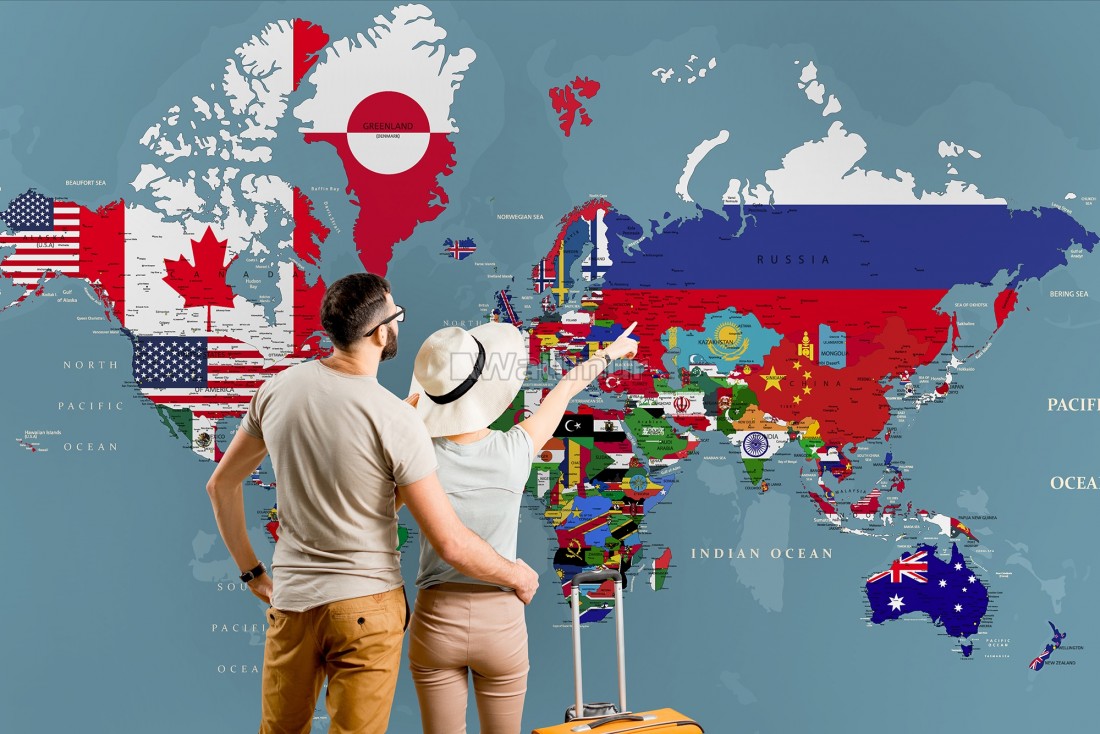 Country Flags On World Map Wallpaper Mural