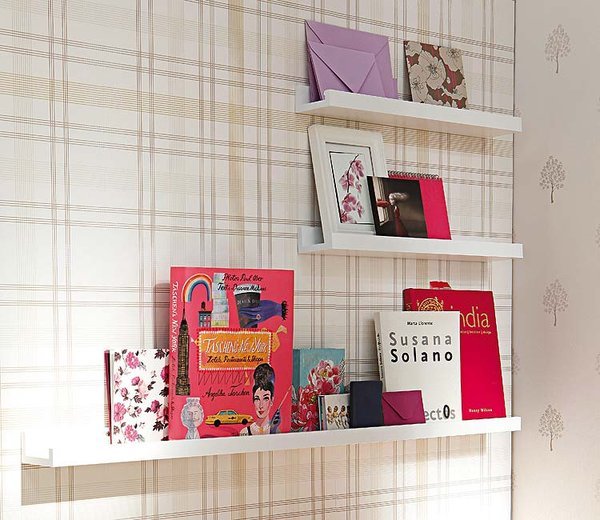 diy home office organization shelves slim wall books striped wallpaper