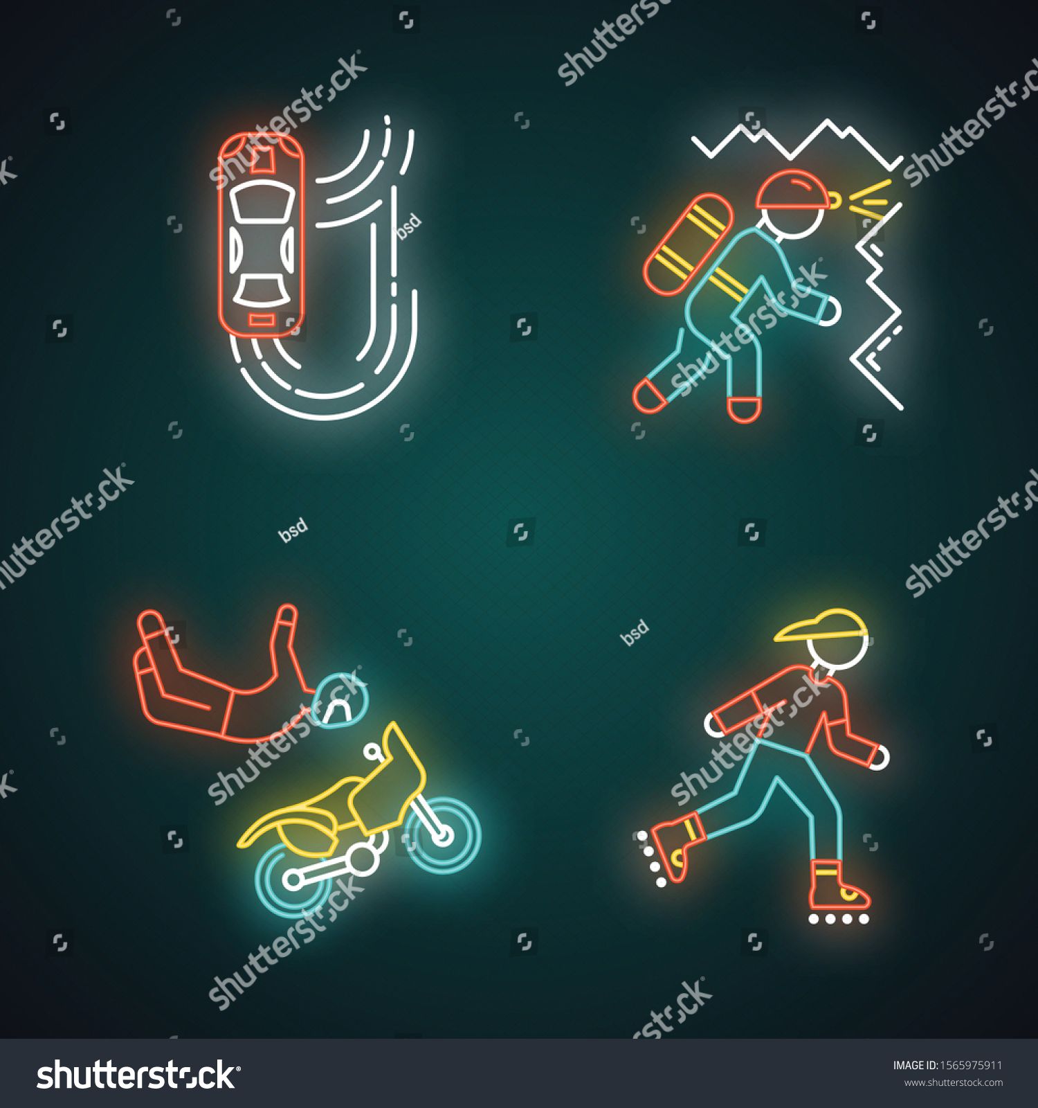 Extreme Sports Neon Light Icons Set Auto Racing Drifting Car