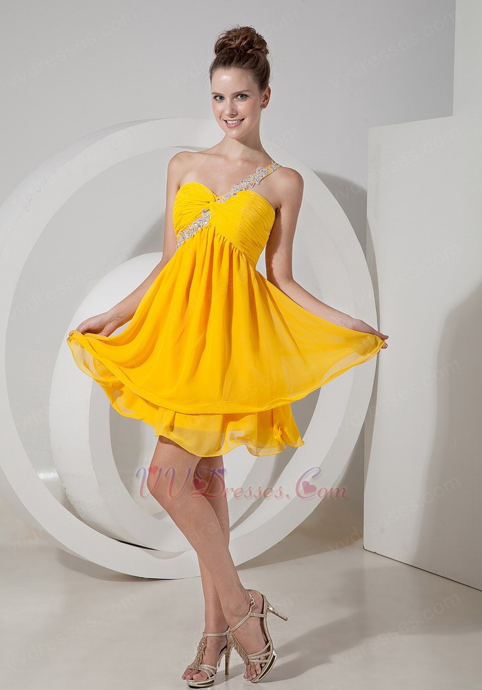 One Shoulder Yellow Chiffon Short Bridesmaid Dress P Html