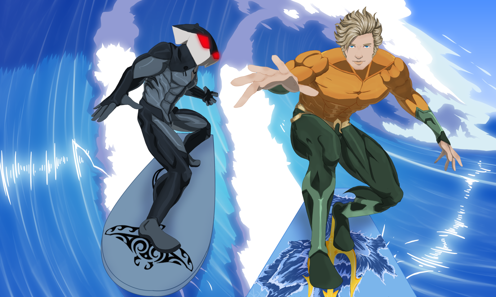 Aquaman And Black Manta Surfing By Jeyrablue