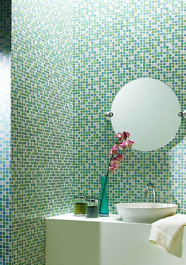 Sea Glass Inspired Tiled Bathroom Created With A Textured Wallpaper