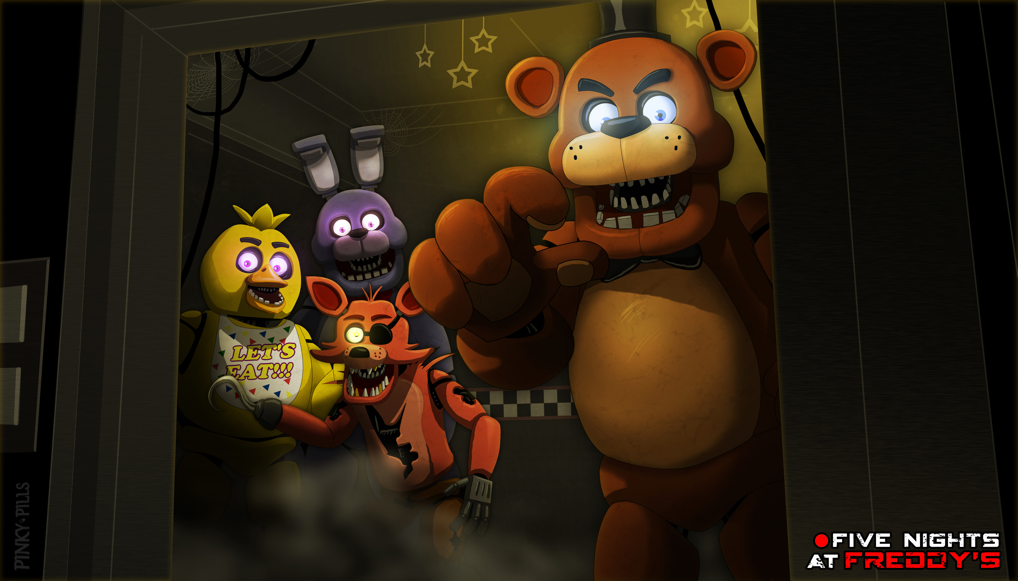 Five Nights at Freddy's group illustration with Freddy Fazbear, Chica, Bonnie, and Foxy