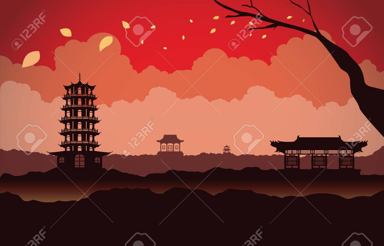 Different Chinese Architecture On Mountain In Scene This Is