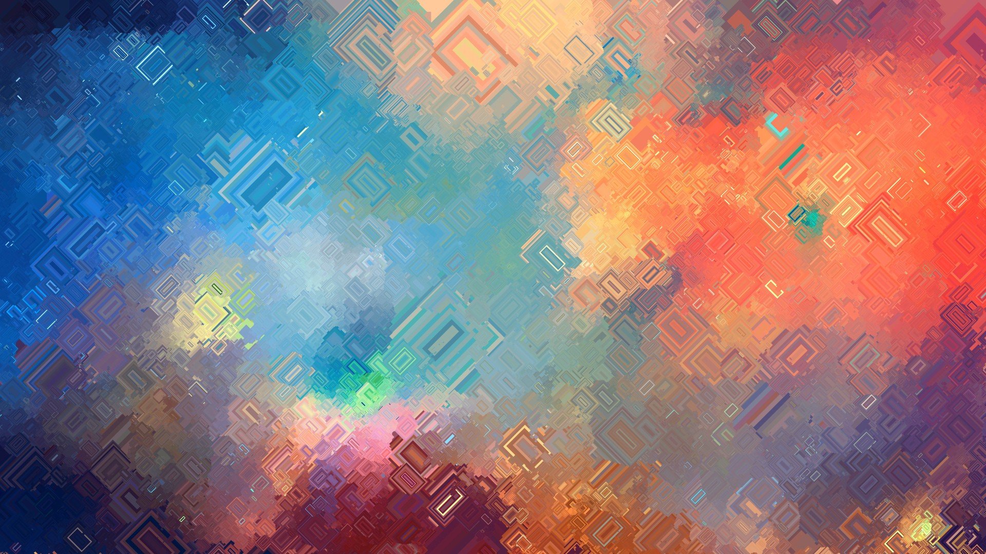 Abstract art wallpaper with a vibrant blend of blue, orange, and red hues, featuring a geometric pattern of overlapping squares and rectangles