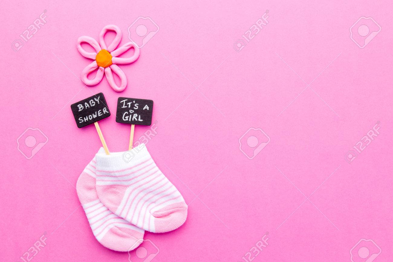 Baby Girl Announcement Pink And White Socks On Background