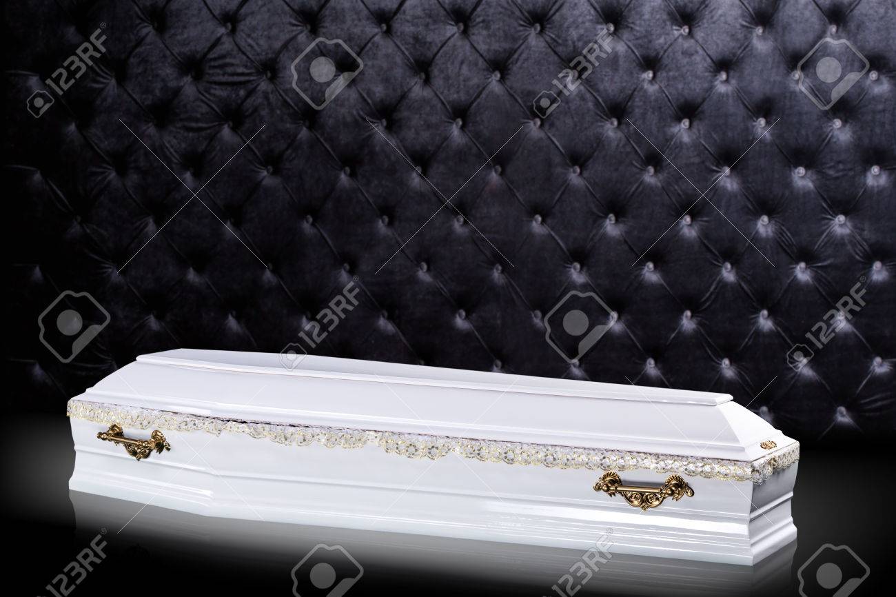 Closed Wooden White Coffin Isolated On Gray Luxury Background