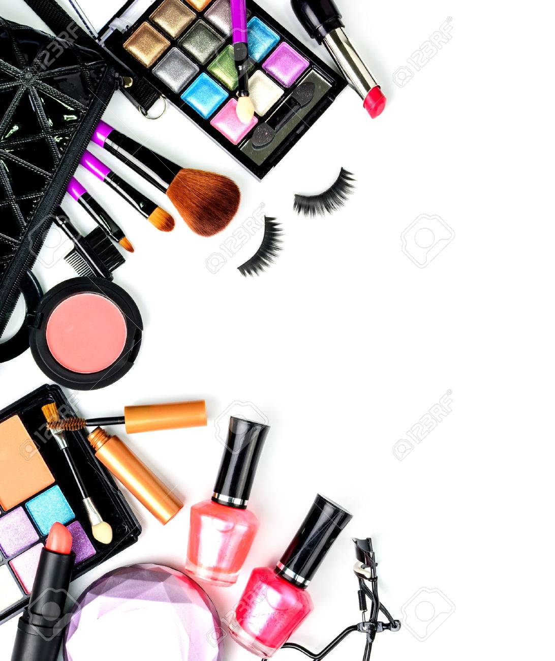 Make Up Bag With Cosmetics And Brushes Isolated On White