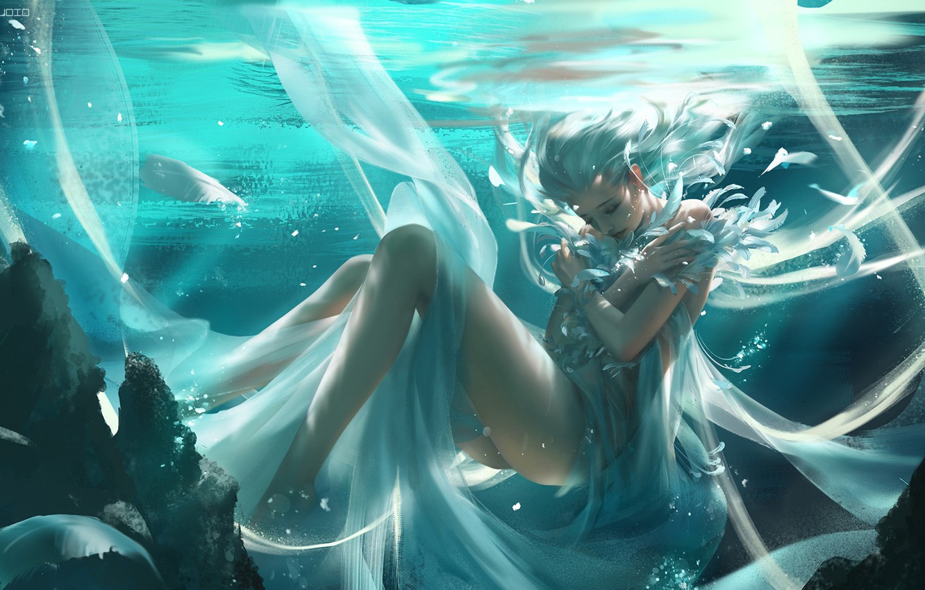 Wallpaper Girl Fantasy Dress Legs Underwater Feathers