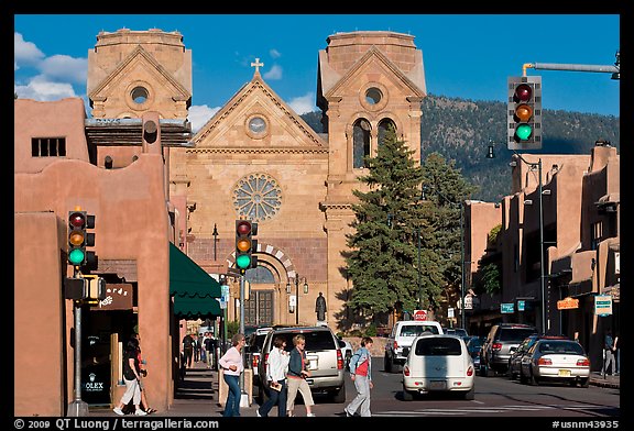 And Street With Cathedral Downtown Santa Fe New Mexico Usa Color