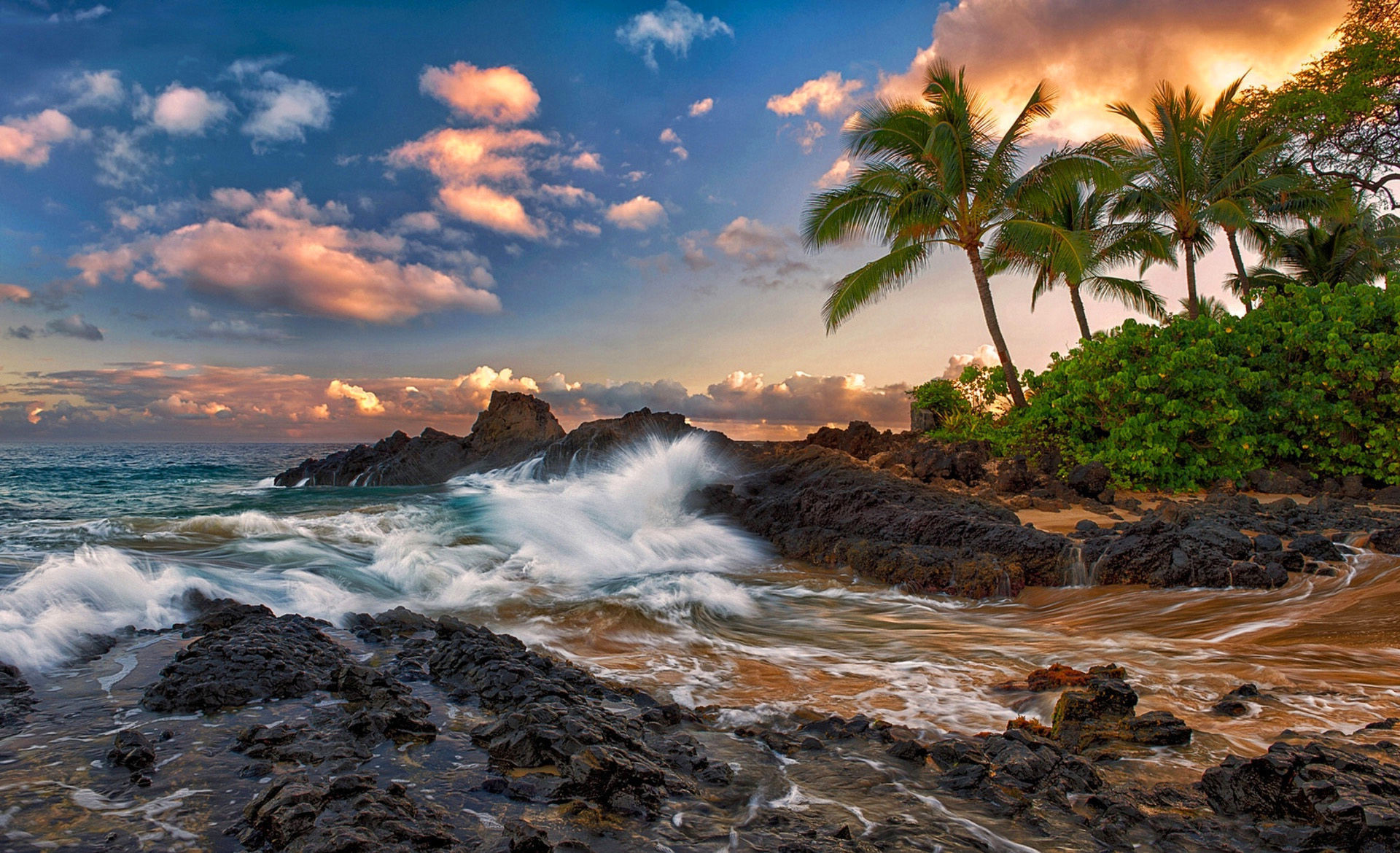A breathtaking sunset over a rocky Hawaiian beach with palm trees swaying in the gentle breeze.  The vibrant colors of the sky reflect on the wet rocks and sand, creating a truly stunning tropical paradise scene