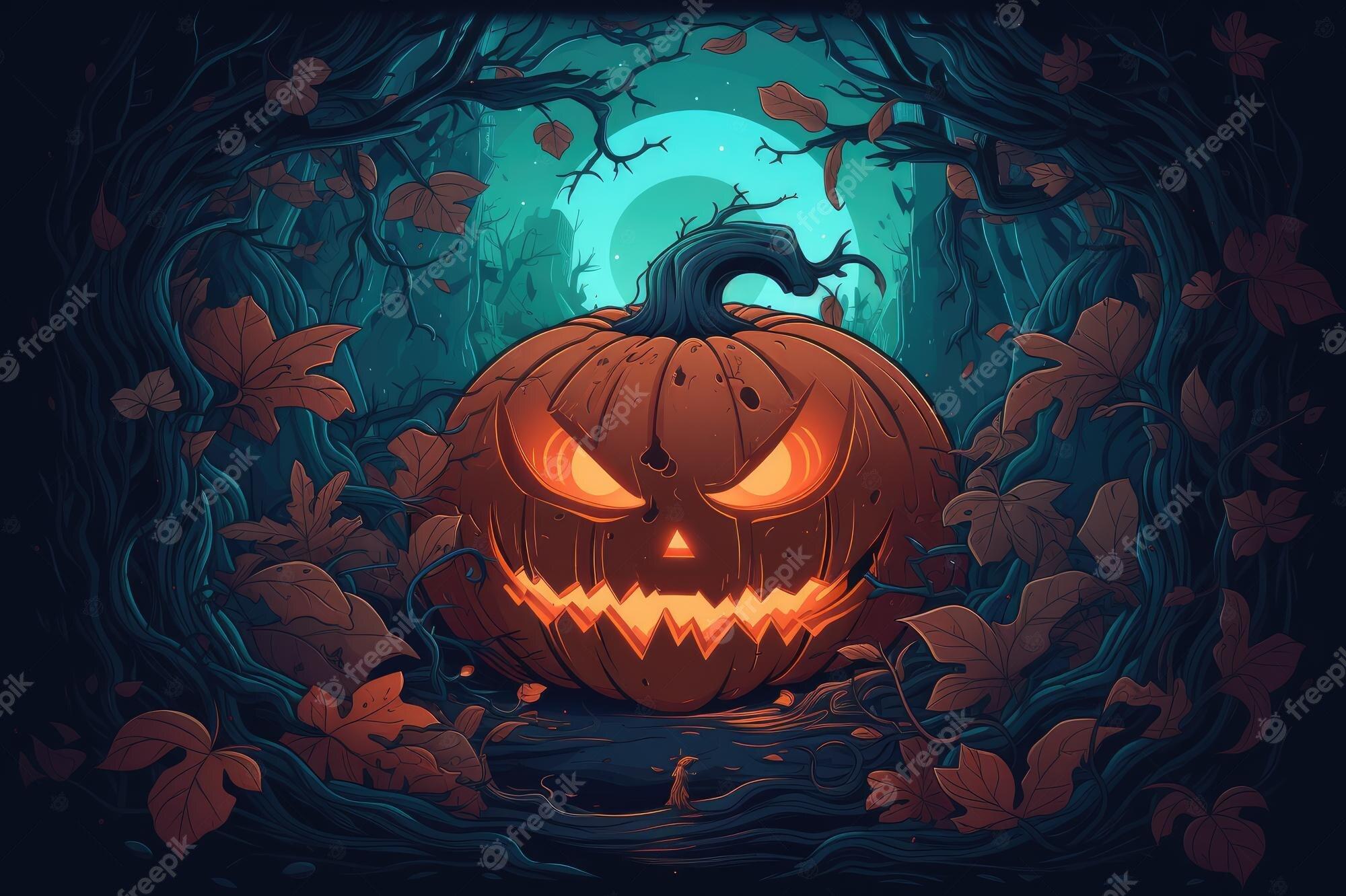 Premium Photo A Halloween Pumpkin In Dark Forest With Full