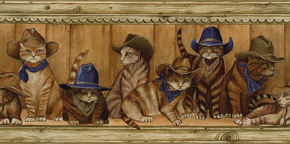 New Discontinued Village Wallpaper Border Cowboy Cats Kittens Pets