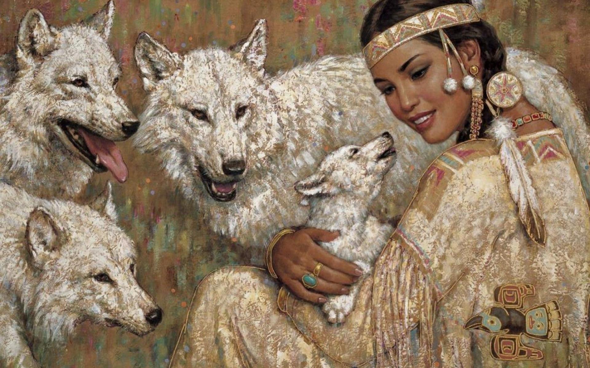 Fantasy Art Native Americans Wolves Painting Wallpaper Full