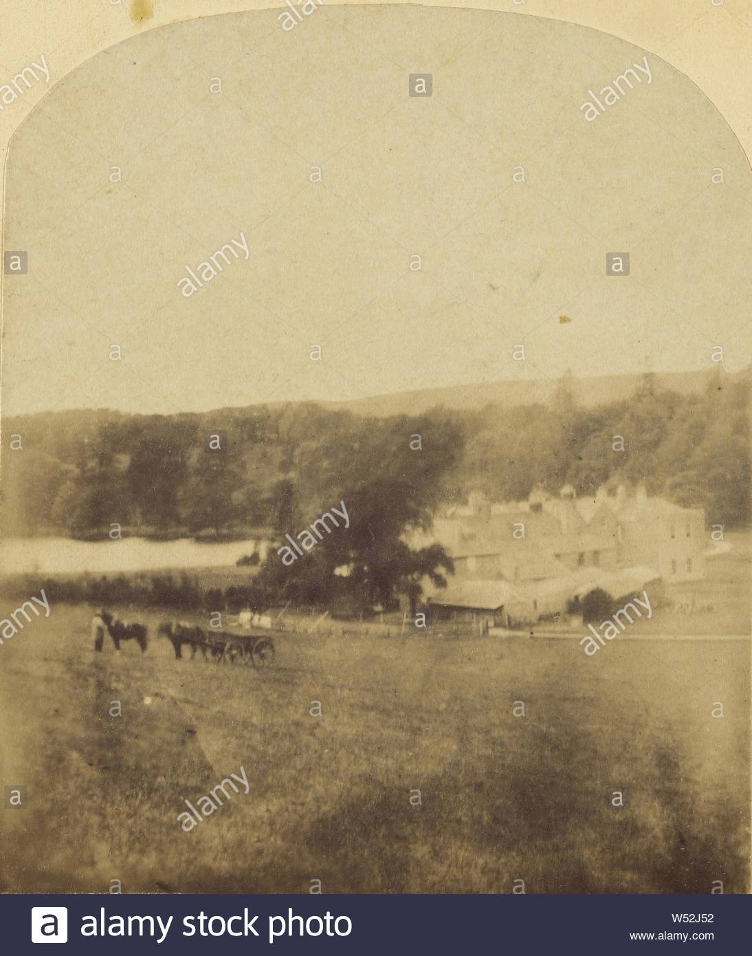 Pastoral Scene Large House In Background Horse Drawn Wagon At