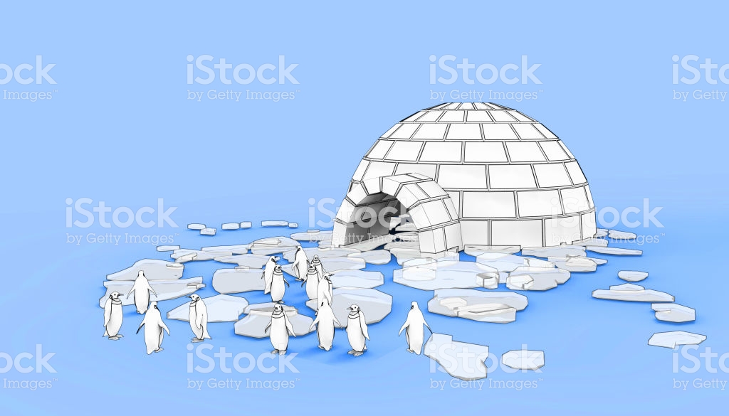 Eskimo Igloo Icehouse Snowhouse And Penguins On Blue Background