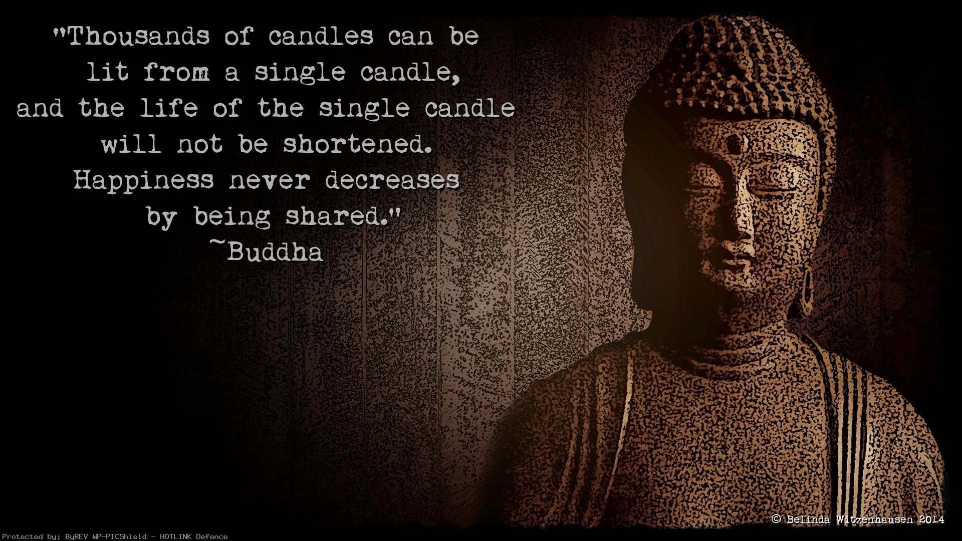 A serene Buddha statue against a dark background with a quote about sharing happiness