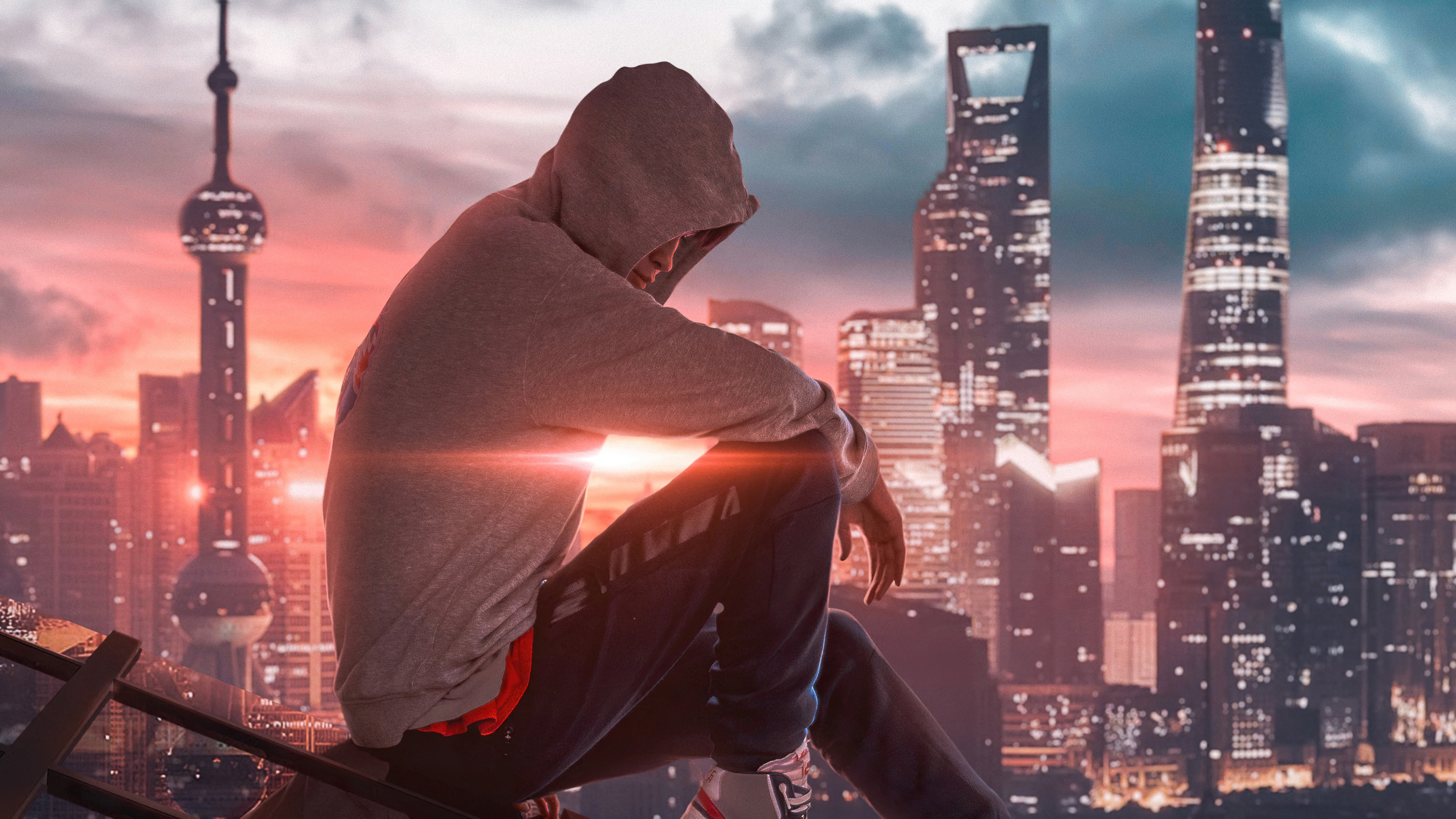 Hoodie Boy Sitting Alone At House Top 4k Wallpaper HD Artist