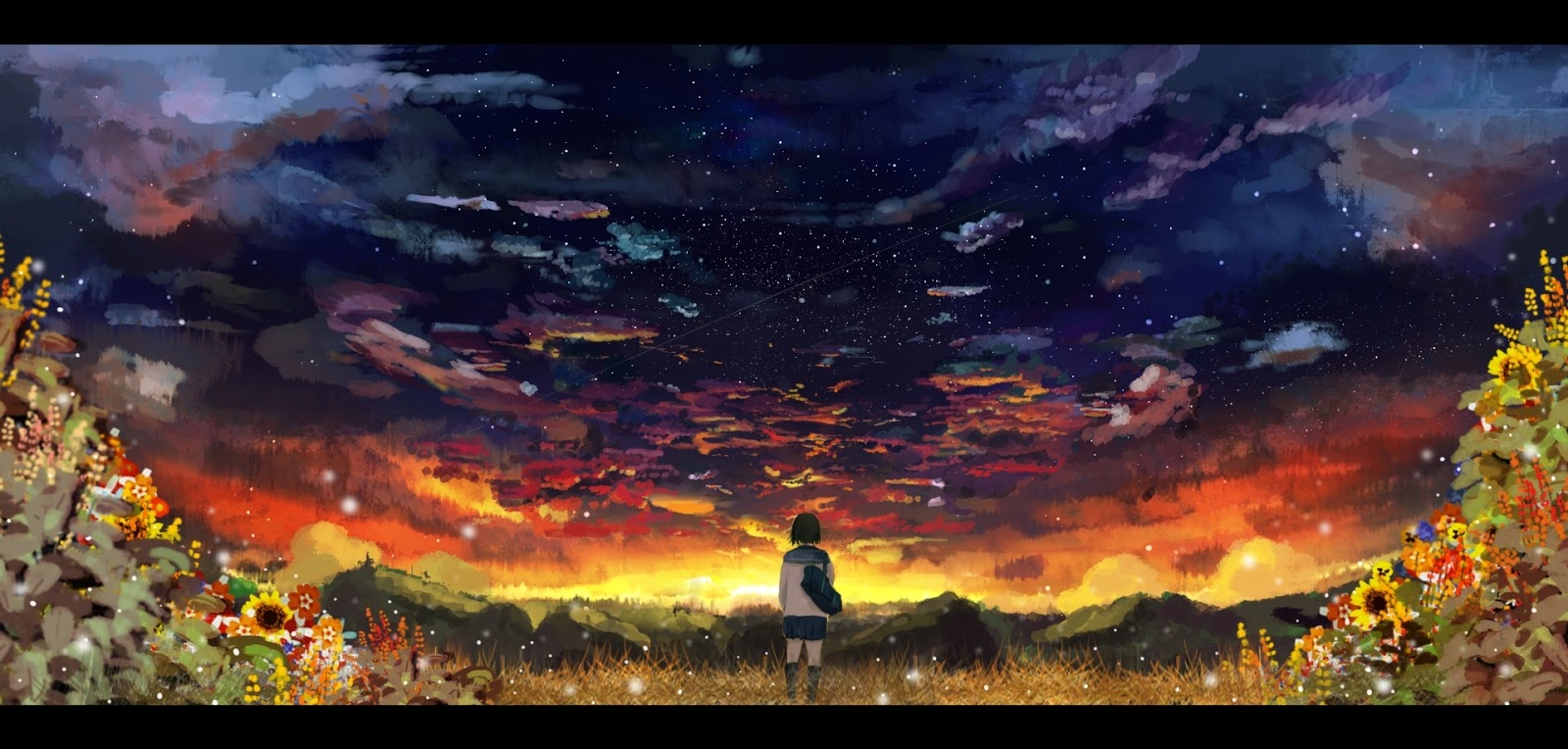 Original Scenic Seifuku Scenery Sky Stars Sunset Anime HD Wallpaper