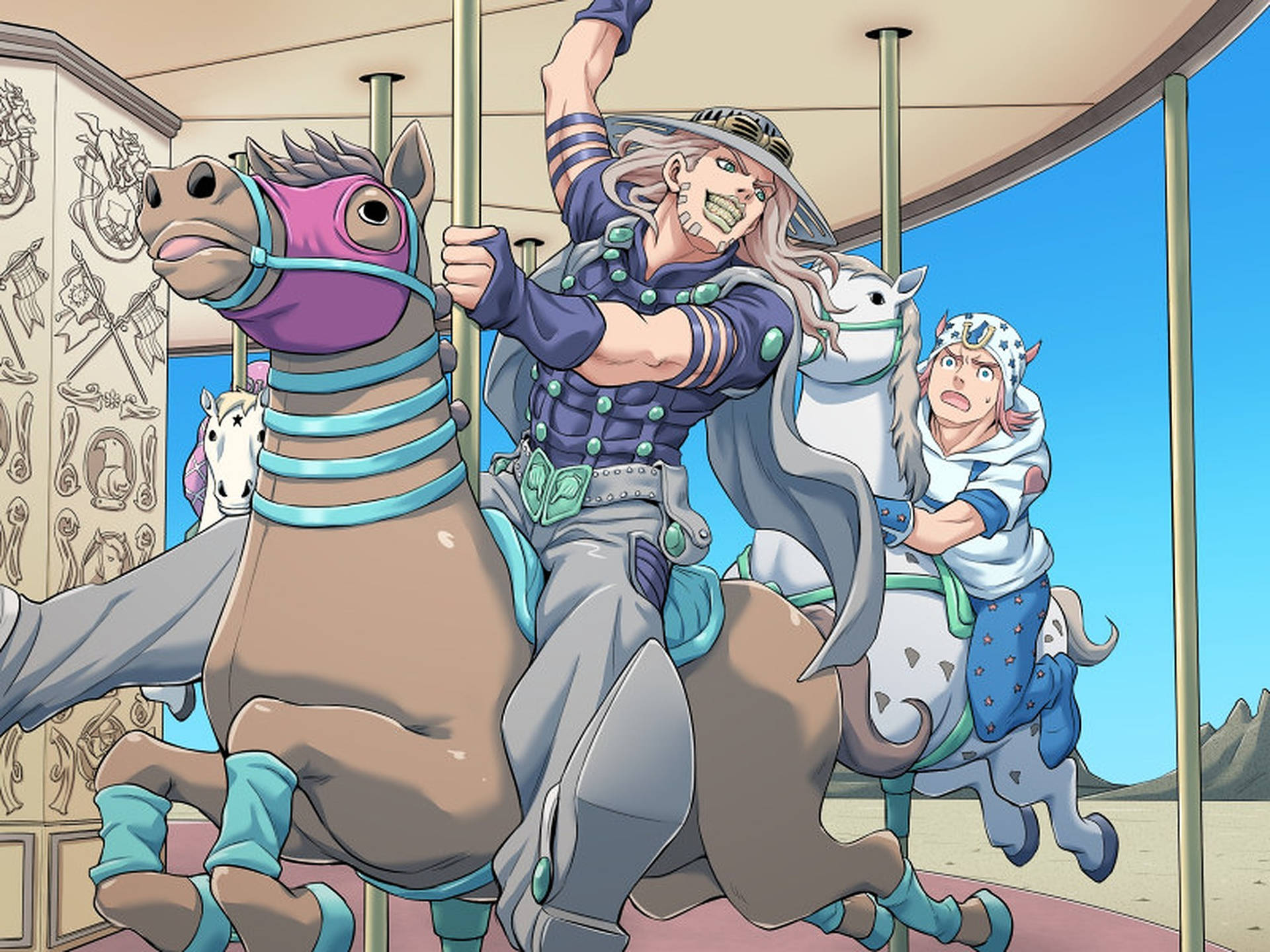 Two characters from JoJo's Bizarre Adventure, Gyro Zeppeli and Johnny Joestar, ride a carousel