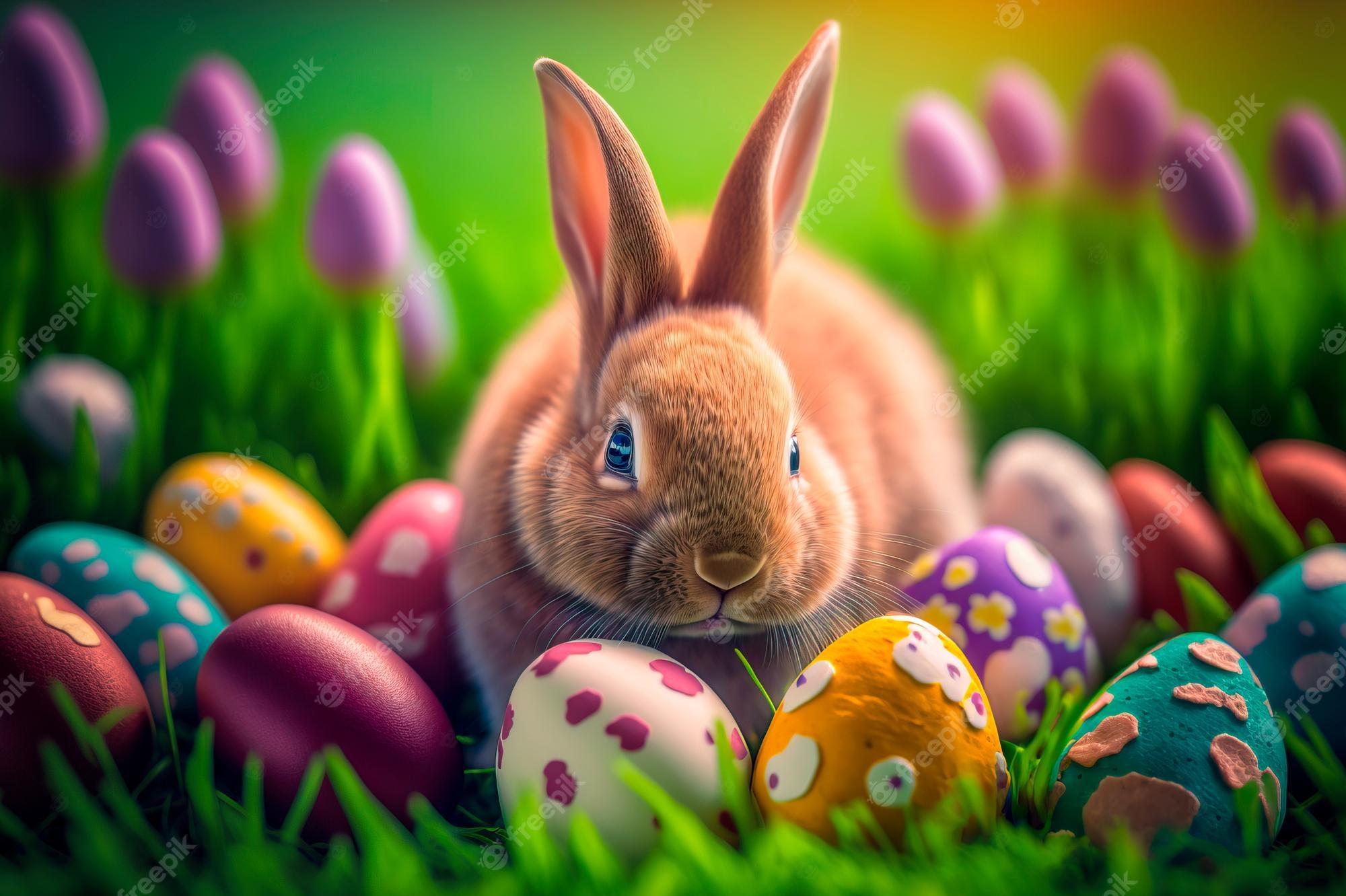 Premium Photo Rabbit And Easter Eggs In Green Grass Cute