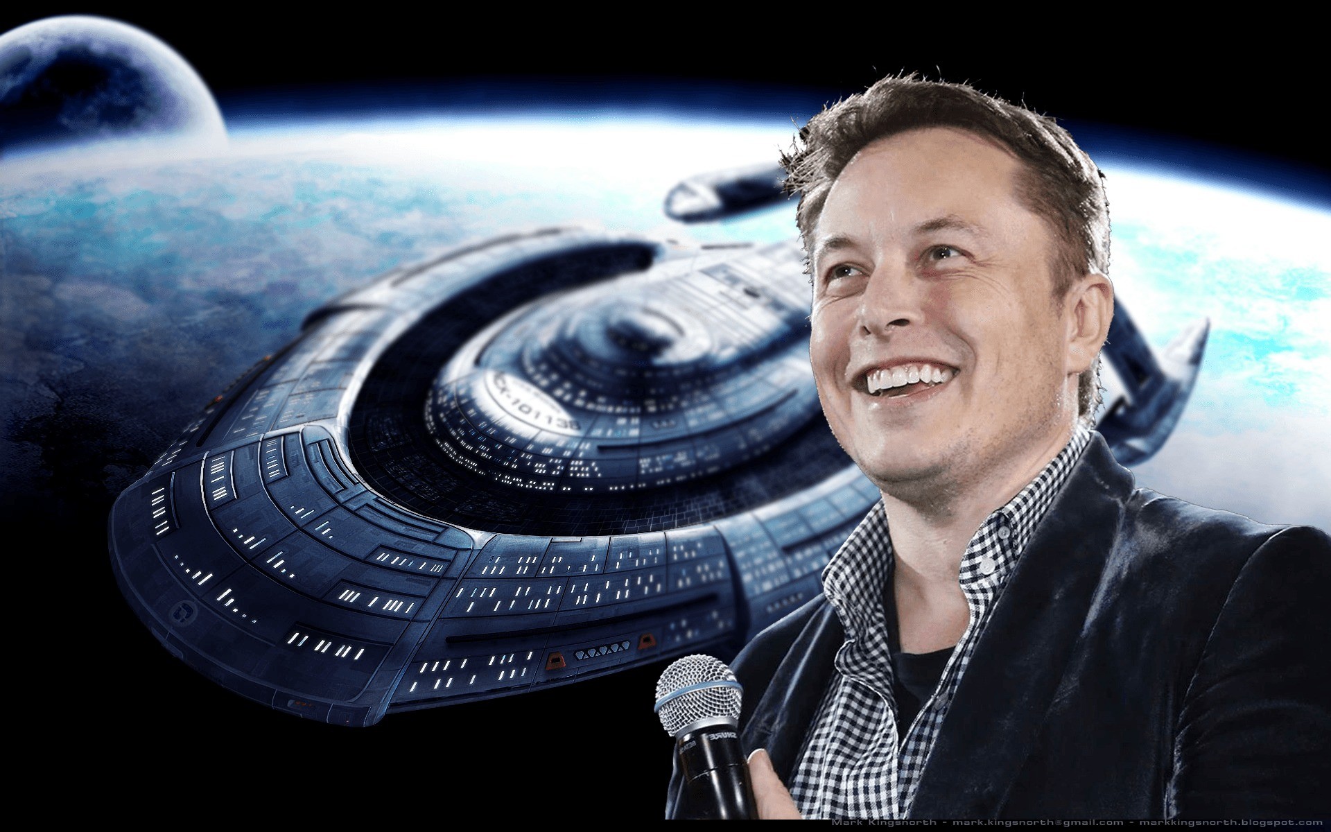 Elon Musk smiling with a spaceship in the background, evoking his space exploration ambitions