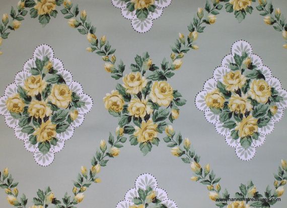S Vintage Wallpaper Floral With Yellow Roses On Green
