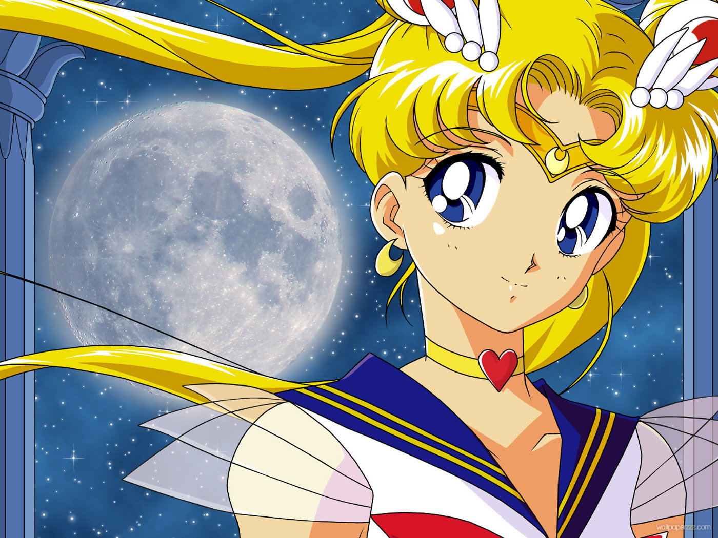 Sailor Moon with a crescent moon tiara against a starry night sky with a full moon