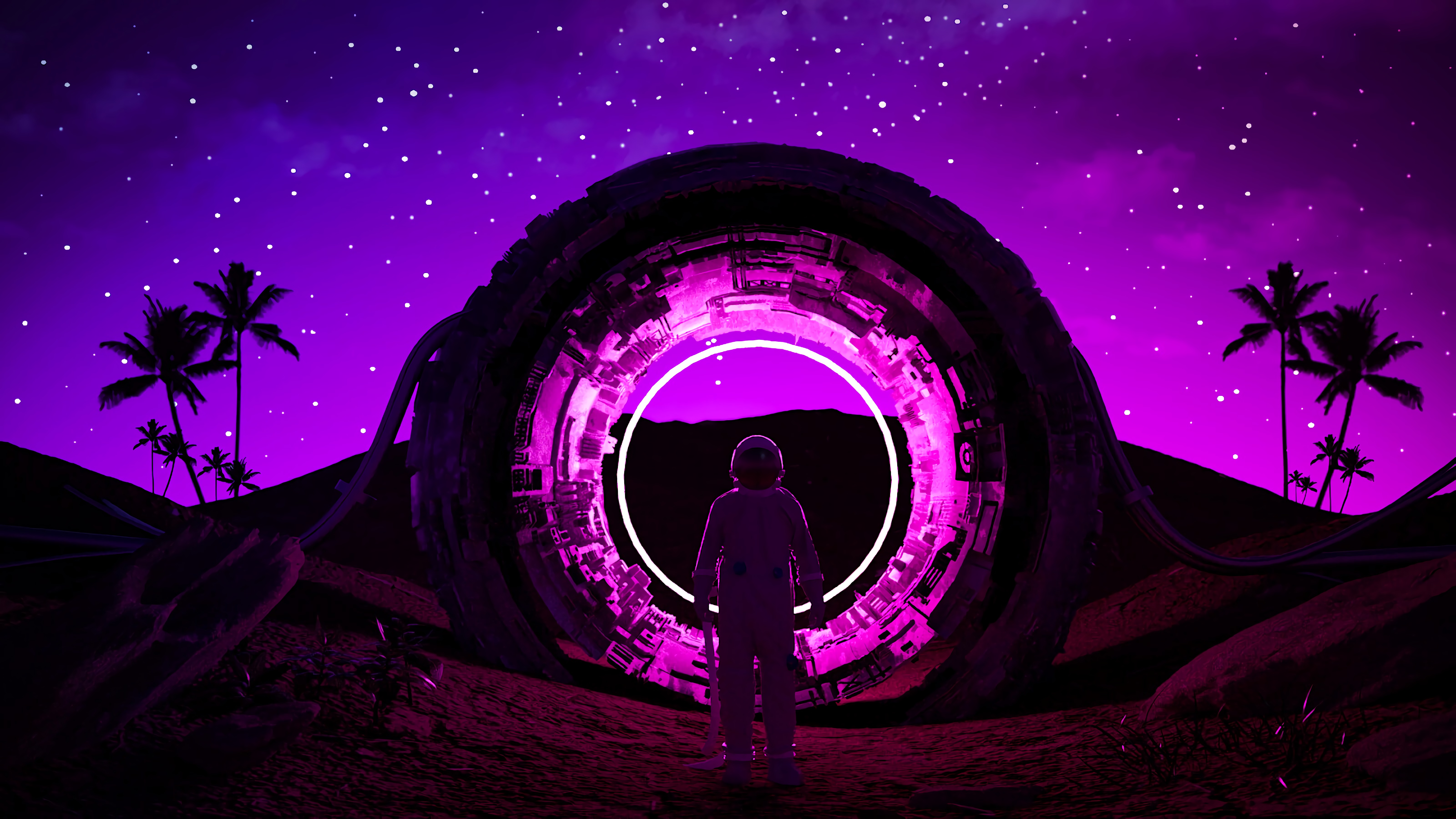 Astronaut standing before a futuristic portal in a desert landscape under a starry night sky