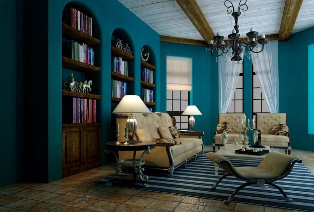 Mediterranean Style Living Room With Blue Waterproof Wallpaper New