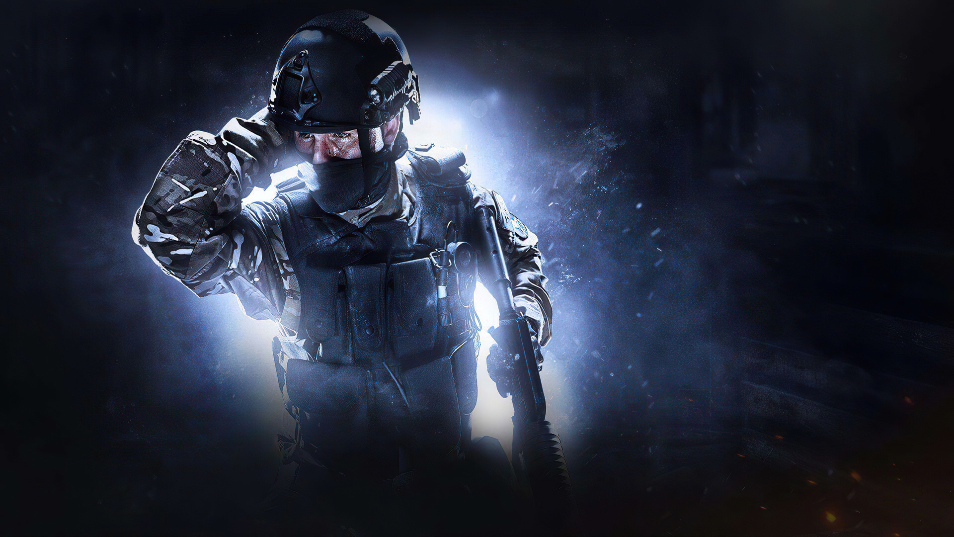 A Counter-Strike: Global Offensive player in full tactical gear, adjusting their helmet in a dimly lit environment. The scene evokes the tension and action of the game