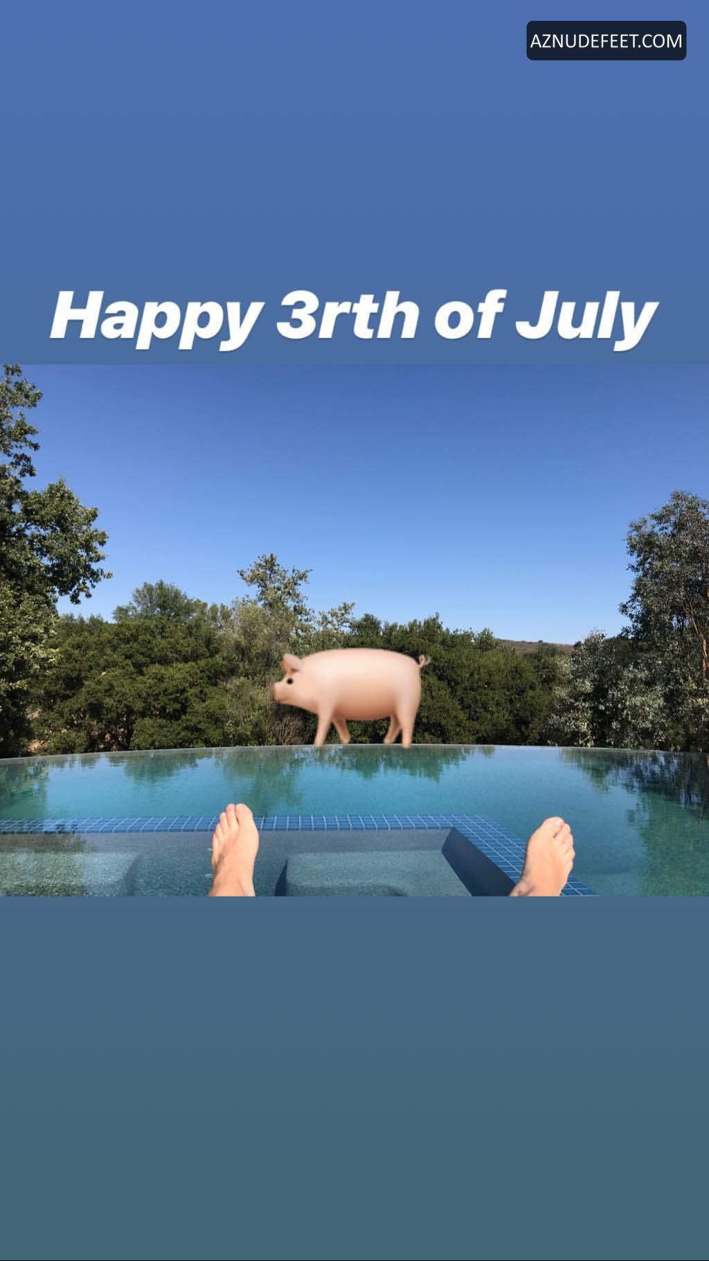 A person relaxing in a pool with their feet up on the edge, with a large inflatable pig in the background and trees and a blue sky in the distance. Text overlay reads 'Happy 3rth of July'