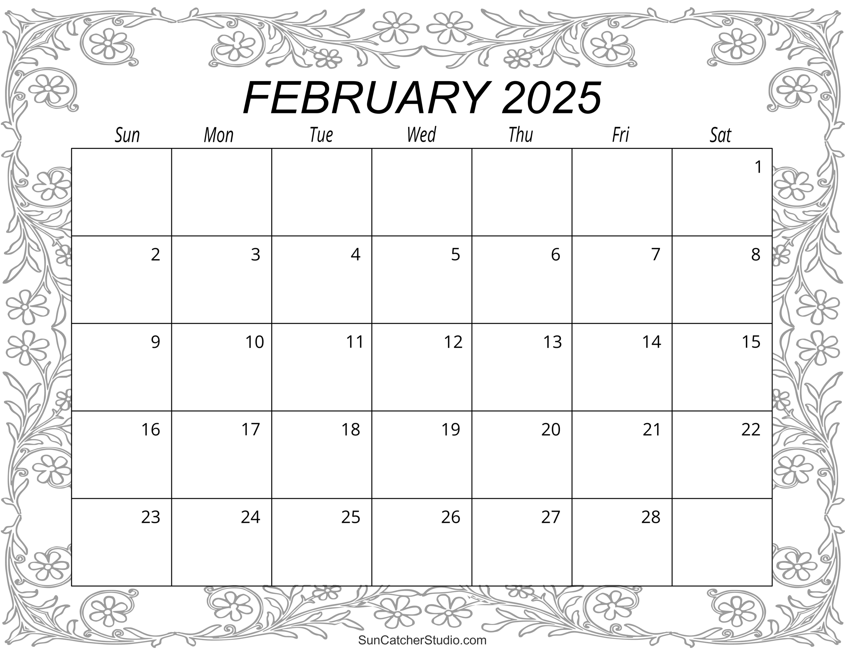 A printable February 2025 calendar with a decorative floral border, perfect for coloring and personalizing