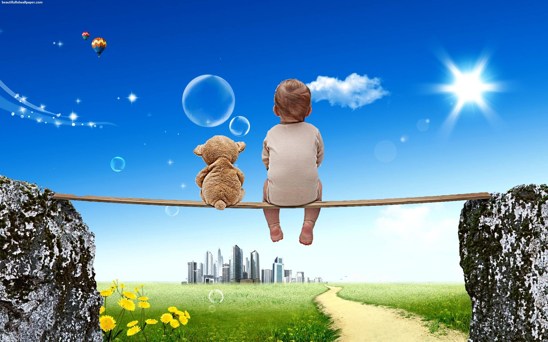 A baby and a teddy bear sit on a wooden plank, symbolizing friendship and childhood innocence