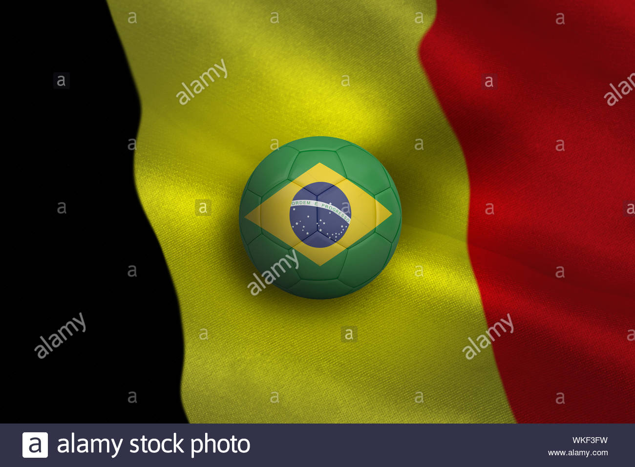Football In Brasil Colours Against Belgium Flag Background Stock