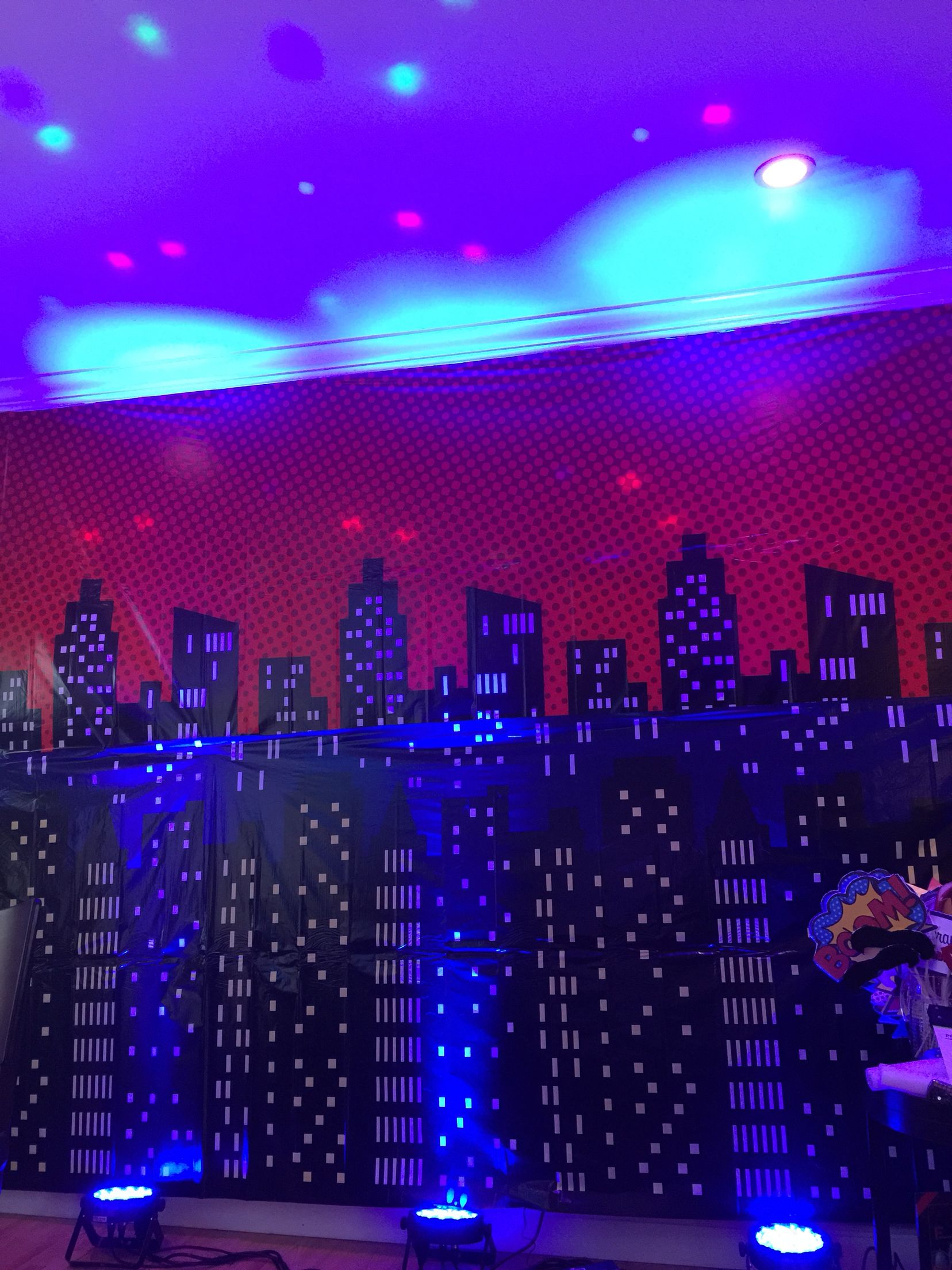 Cityscape Backdrop With Up Lighting Superhero Party Decorations