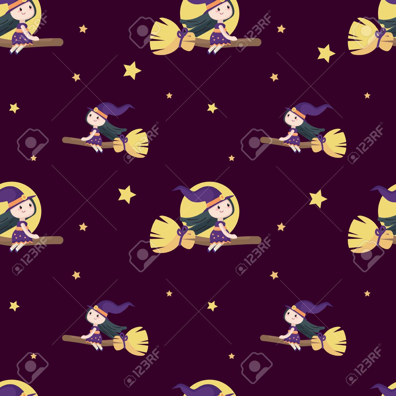 Vector Seamless Pattern With Cute Little Witch Riding Her